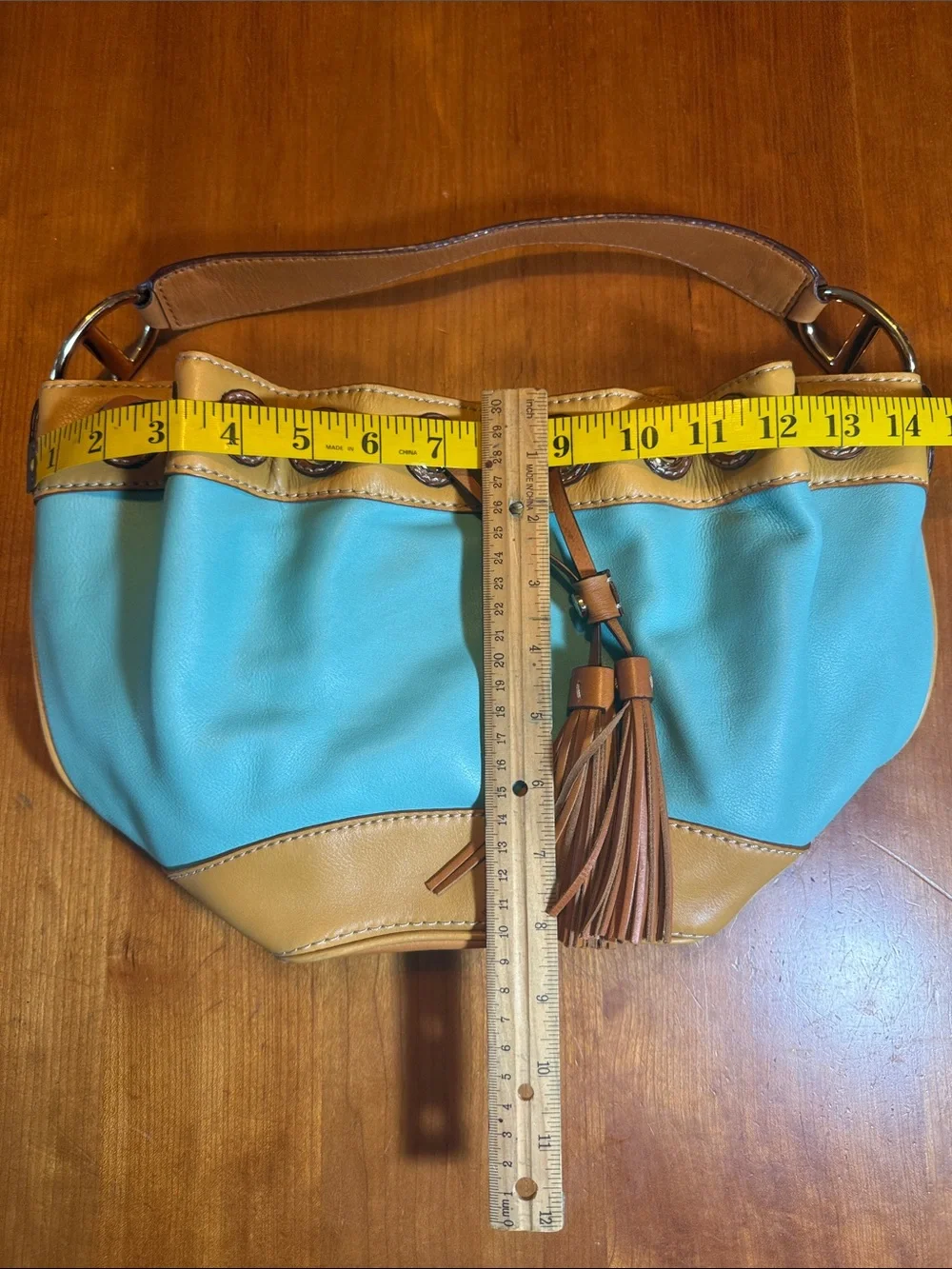 Turquoise & Tan Michael Kors Drawstring Bucket Bag - Women